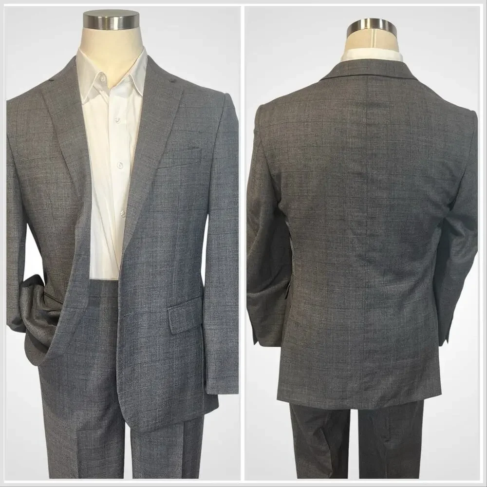 Jos A Bank 1905 Brrr Comfort 40-42R 32x30 Slim Gray Burgundy Glen Plaid Suit